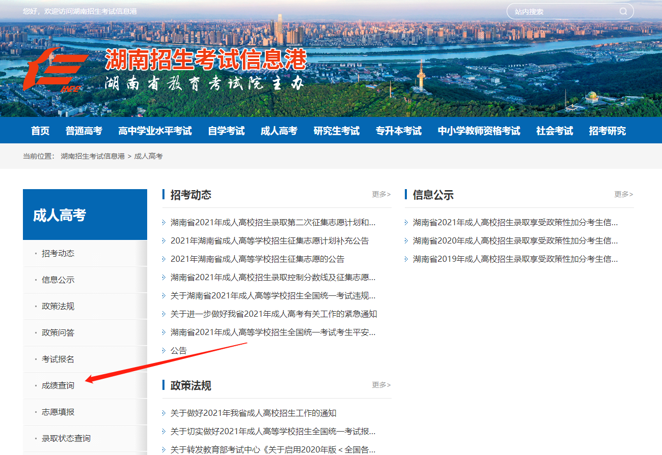湖南招生考试信息港成考成绩查询